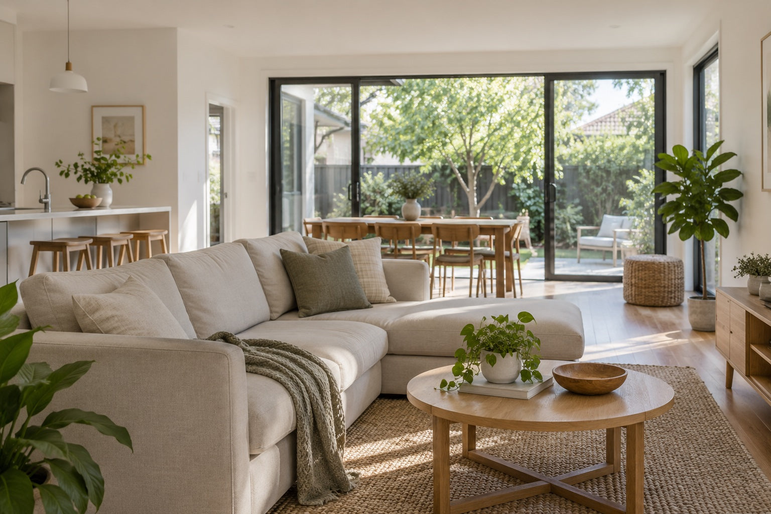 Sunlit living room opening onto a leafy garden